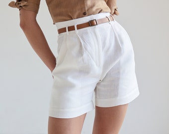 Linnen short met hoge taille SYDNEY, Short met geplooide voorkant, Klassieke linnen short voor dames, Verzacht linnen short, Zomershort met zakken