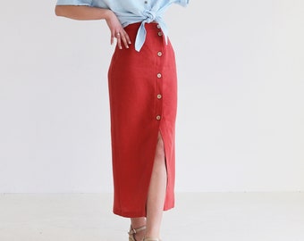 Button front straight cut skirt CYBILE, Long linen skirt for woman, Fitted linen skirt with a slit, Asymmetric skirt, Button down maxi skirt