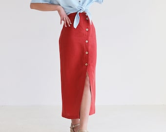 Button Front Straight Cut Skirt CYBILE, Long Linen Skirt for