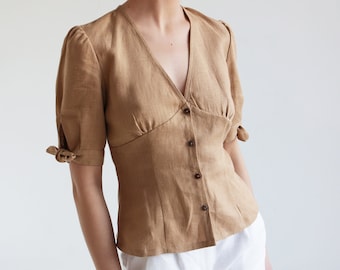 Button front V neck linen blouse FLAVIA, Linen top with tie sleeves,  Tailored short sleeve linen blouse, Vintage inspired top for woman