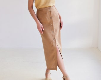 Button front straight cut skirt CYBILE, Long linen skirt for woman, Fitted linen skirt with a slit, Asymmetric skirt, Button down maxi skirt