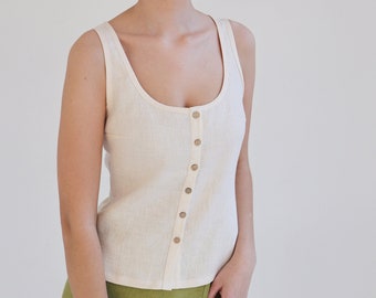 Button Front Linen Tank Top: Sleeveless Summer Top BRIA