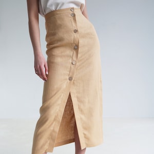 Button front straight cut skirt CYBILE, Long linen skirt for woman, Fitted linen skirt with a slit, Asymmetric skirt, Button down maxi skirt