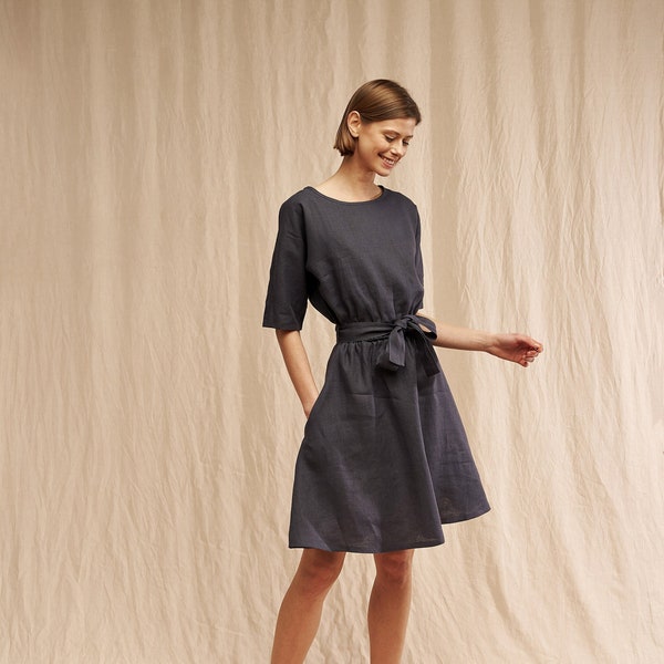 Linen dress MAEVE in midi length, Linen dress with belt, Simple linen dress, Short sleeve linen dress, Flare dress for woman