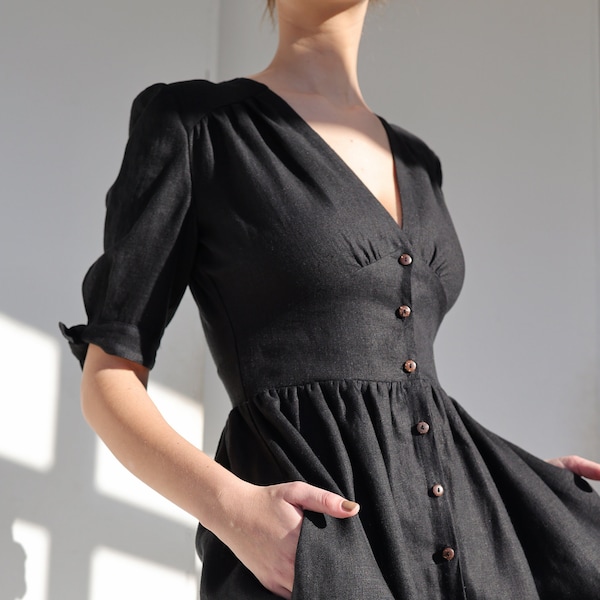 Robe boutonnée en lin : robe d'été ajustée et évasée à col en V GRACE
