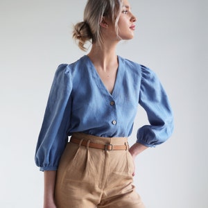 Button front V neck linen blouse ELOISE, Linen top with puff sleeves, Relaxed fitting linen top, Puff sleeve linen blouse image 1