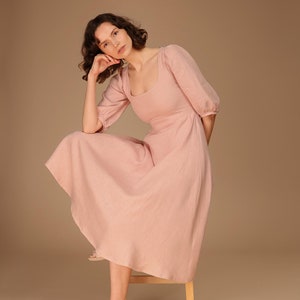 Linen puff sleeve dress AURORA in midi length, Square neck dress , Vintage inspired linen dress, Puff sleeve linen midi dress, A line dress