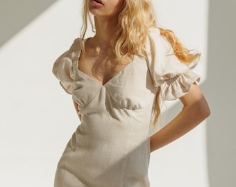 Cottagecore dress ABIGAIL, Romantic dress, Linen dress with puff sleeves, Sweetheart neckline, mermaid dress