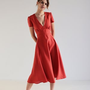 Linen Fit & Flare Dress SICILY: Deep V Neck Cup Sleeve - Handmade