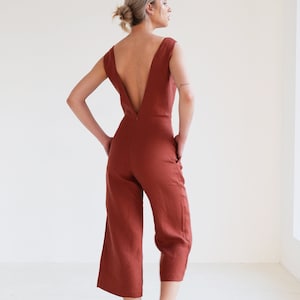 Open Back Linen Jumpsuit UMA: Sleeveless Crop Pants, V Neck