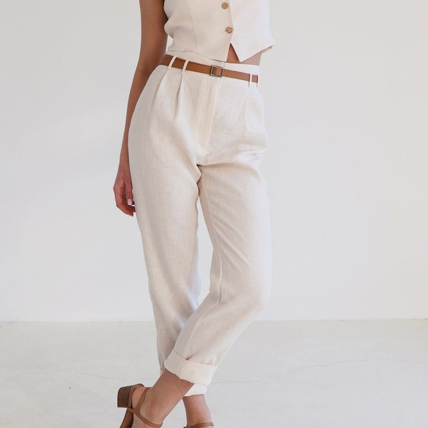 High waisted linen pants CHICAGO, Tapered linen pants, Linen pants for woman, Linen pants folded at the bottom, Vintage inspired pants
