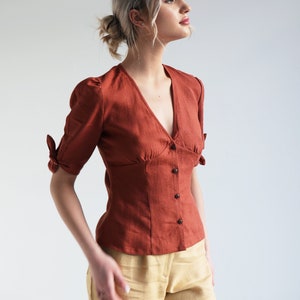 Button front V neck linen blouse FLAVIA, Linen top with tie sleeves,  Tailored short sleeve linen blouse, Vintage inspired top for woman