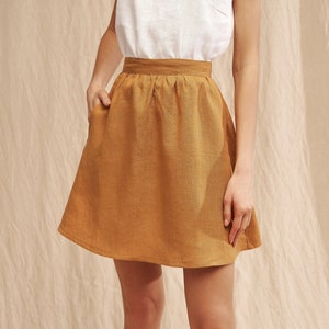 Linen skirt SHAY in midi length, Above the knee linen skirt, Linen skirt with pockets, Ruffled waist skirt, Casual skirt for woman