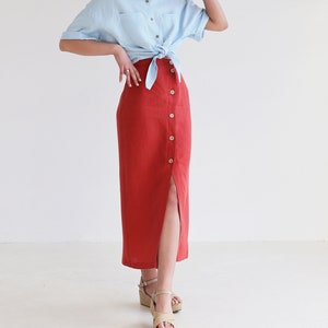 Button front straight cut skirt CYBILE, Long linen skirt for woman, Fitted linen skirt with a slit, Asymmetric skirt, Button down maxi skirt