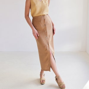 Button front straight cut skirt CYBILE, Long linen skirt for woman, Fitted linen skirt with a slit, Asymmetric skirt, Button down maxi skirt