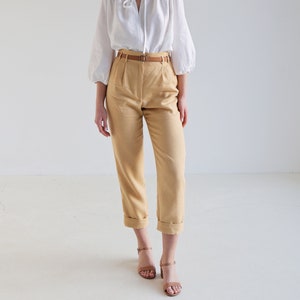 High waisted linen pants CHICAGO, Tapered linen pants, Linen pants for woman, Linen pants folded at the bottom, Vintage inspired pants Light Camel