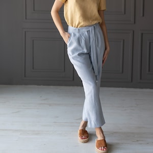 ベルト付きリネンパンツ DAKOTA、レディースリネンパンツ、洗濯済みリネンパンツ、ナチュラルハンドメイドリネントラウザーズ、リネンシガレットパンツ