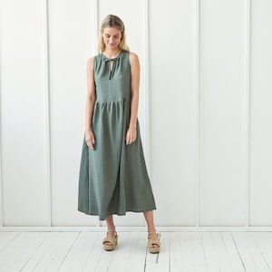 Long Linen Dress AYLIN: Sleeveless Maxi Dress with Tie Neck