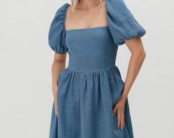 Maxi dress CAMILLE - Square neck dress - Puff sleeve dress - Long cottagecore dress - Blue linen dress - Linen dress for woman