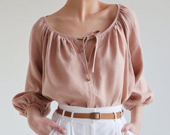 Washed Linen Blouse BLOOM: Scoop Neck Top with Tie - Handmade European Design