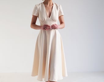 Linen Fit & Flare Dress SICILY: Deep V Neck, Cup Sleeves, Handmade