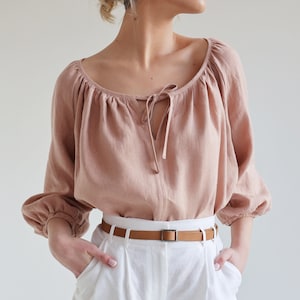 Scoop neck linen top BLOOM, Elbow sleeves linen top, Linen blouse with tie neck, Reglan sleeve linen top for woman