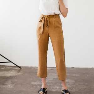 Linen pants with belt DAKOTA, Linen pants for woman, Laundered linen pants, Natural handmade linen trousers, Linen cigarette pant image 2