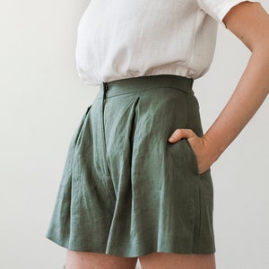 Linen shorts AGNES, Linen shorts for woman, Laundered linen shorts, Linen shorts skirt, Green moss linen shorts for woman, High waist shorts image 2