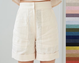 High waisted linen shorts ASPEN, Linen shorts for woman, 90s vintage inspired shorts for woman, Linen shorts with pockets