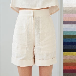 High waisted linen shorts ASPEN, Linen shorts for woman, 90s vintage inspired shorts for woman, Linen shorts with pockets