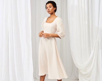 Linen puff sleeve dress AURORA in midi length, Square neck dress , Vintage inspired linen dress, Puff sleeve linen midi dress, A line dress