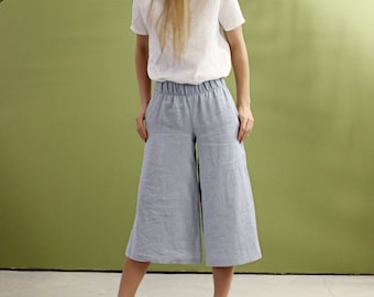 Linen culotte pants SIENNA, Linen pants with elastic waistband, Linen pants for woman, Linen pants,  Linen wide leg pants