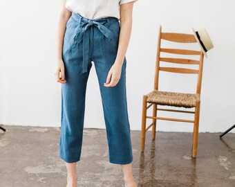 Linen pants with belt DAKOTA, Linen pants for woman, Laundered linen pants, Natural handmade linen trousers, Linen cigarette pant