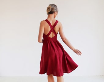 Cross back linen dress PAULA, Open back dress for woman, A line sleeveless summer dress with pockets, Flare vintage style dress