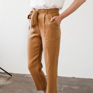 Linen pants with belt DAKOTA, Linen pants for woman, Laundered linen pants, Natural handmade linen trousers, Linen cigarette pant