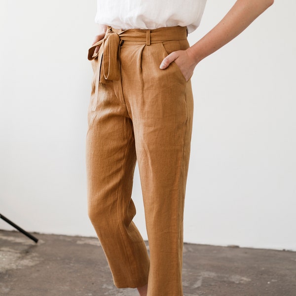 Linnen broek met riem DAKOTA, linnen broek voor dames, gewassen linnen broek, natuurlijke handgemaakte linnen broek, linnen sigarettenbroek