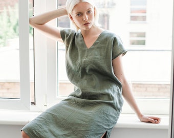 Linen V neck dress CORDELIA, Moss green linen tunic dress, Natural linen tunic, Short linen tunic, V Neck tunic dress, Natural linen dress