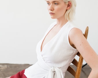 Linen wrap top LYDIA, Linen wrap top, White linen top, Linen tops for woman, Linen wrap blouse, Linen tank top, Sleeveless linen wrap top