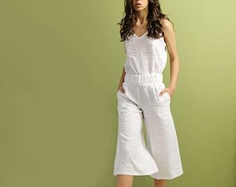 Linen culotte pants SIENNA, Linen pants with elastic waistband, Linen pants for woman, Linen pants, Linen wide leg pant