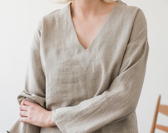 Linen blouse PANDORA,  V neck linen top, Loose linen blouse custom color, Blouse with deep V neck in natural linen, Softened linen tee