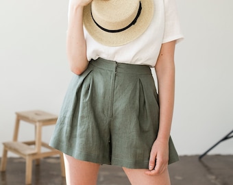 Linen shorts AGNES, Linen shorts for woman, Laundered linen shorts, Linen shorts skirt, Green moss linen shorts for woman, High waist shorts