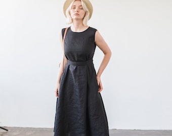 Linen A line dress CHLOE, Long linen dress, Black linen dress, Dress with belt