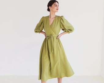 Puff sleeves wrap linen dress VERONA, Romantic dress, A line dress with puff sleeves, Flowy linen summer dress, V neck dress for woman