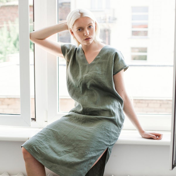 Linen V neck dress CORDELIA, Moss green linen tunic dress, Natural linen tunic, Short linen tunic, V Neck tunic dress, Natural linen dress