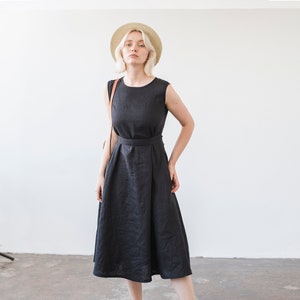 Linen A line dress CHLOE, Long linen dress, Black linen dress, Dress with belt Black