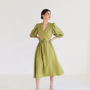 Puff sleeves wrap linen dress VERONA, Romantic dress, A line dress with puff sleeves, Flowy linen summer dress, V neck dress for woman