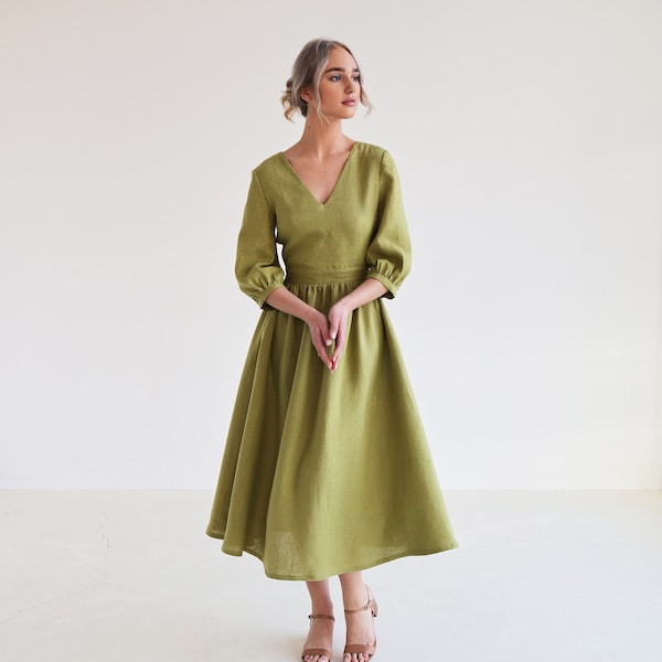 Linen puff sleeve dress MADELEINE calf length, V neck dress , Open back dress for woman, A line dress, Dress for women wedding guest