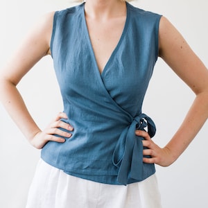 Linen top LYDIA, Linen wrap top, Classic blue linen top, Linen tops for woman, Linen wrap blouse, Linen tank top, Blue linen tank Classic Blue