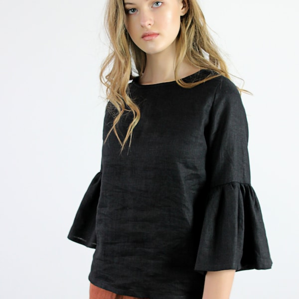 Linen top with flounce sleeves CAMILLA, Linen blouse, Linen summer top, Linen blouse custom color, Linen tops for woman