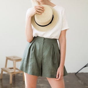 Linen shorts AGNES, Linen shorts for woman, Laundered linen shorts, Linen shorts skirt, Green moss linen shorts for woman, High waist shorts image 1